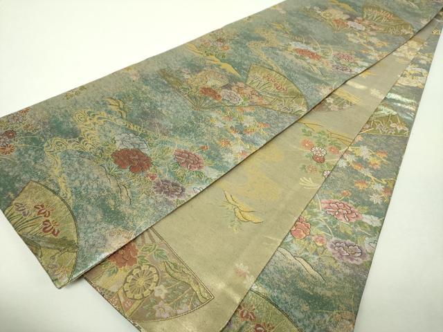 平和屋着物▼丸帯 扇面花文 金銀糸 反端付き 正絹 逸品 DABH9974ps