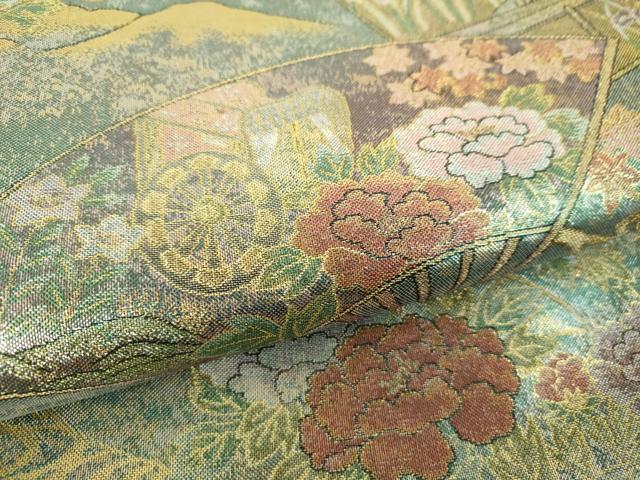 平和屋着物▼丸帯 扇面花文 金銀糸 反端付き 正絹 逸品 DABH9974ps