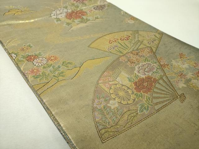 平和屋着物▼丸帯 扇面花文 金銀糸 反端付き 正絹 逸品 DABH9974ps