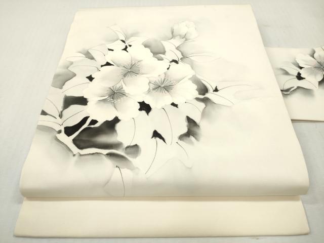 平和屋着物◎塩瀬 九寸名古屋帯 作家物 手描き 草花文 正絹 逸品 DABI0153xg