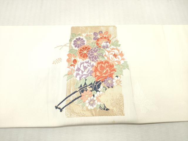 平和屋着物◎九寸名古屋帯 唐織 短冊重ね花蝶文 金糸 正絹 逸品 DABI0158xg