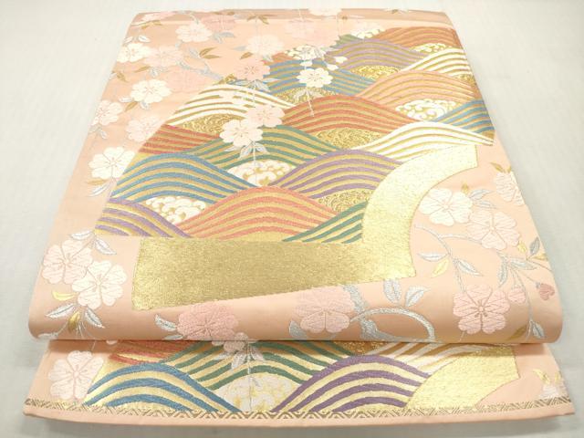 平和屋着物◎六通柄袋帯 唐織 地紙重ね立波花文 金銀糸 正絹 逸品 DABI0163xg