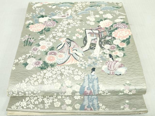 平和屋着物◎六通柄袋帯 唐織 人物飛鶴風景文 プラチナ箔 正絹 逸品 DABI0174xg