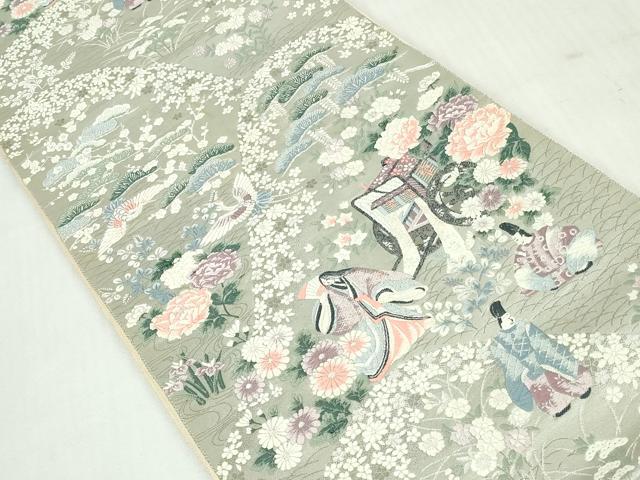 平和屋着物◎六通柄袋帯 唐織 人物飛鶴風景文 プラチナ箔 正絹 逸品 DABI0174xg