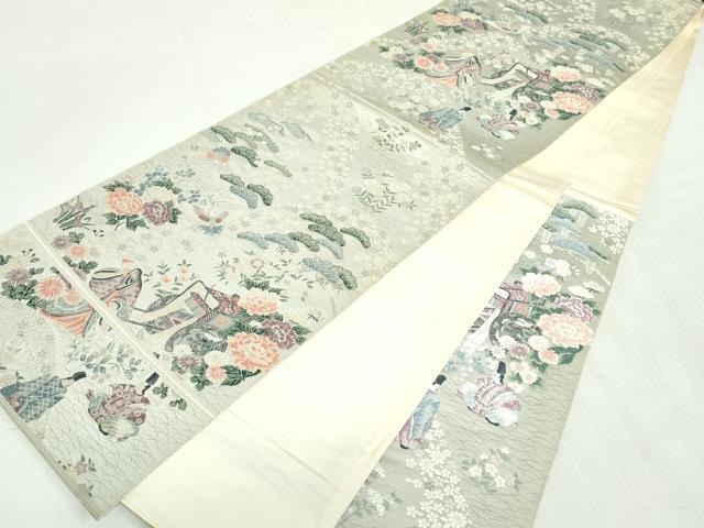 平和屋着物◎六通柄袋帯 唐織 人物飛鶴風景文 プラチナ箔 正絹 逸品 DABI0174xg