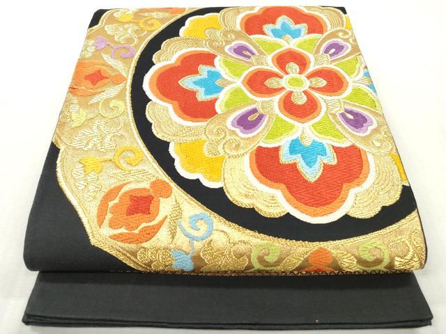 平和屋着物◎六通柄袋帯 唐織 鏡裏正倉院花文 黒地 金彩 正絹 逸品 DABI0354xg