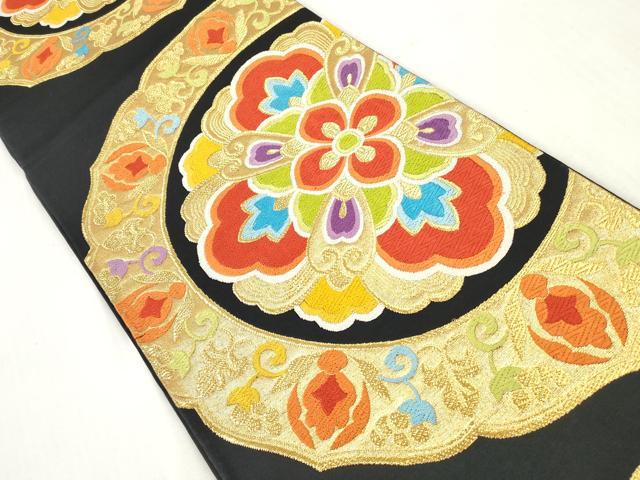 平和屋着物◎六通柄袋帯 唐織 鏡裏正倉院花文 黒地 金彩 正絹 逸品 DABI0354xg