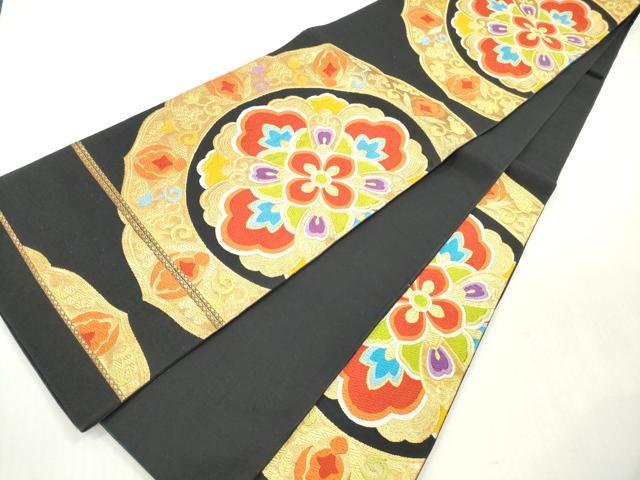 平和屋着物◎六通柄袋帯 唐織 鏡裏正倉院花文 黒地 金彩 正絹 逸品 DABI0354xg