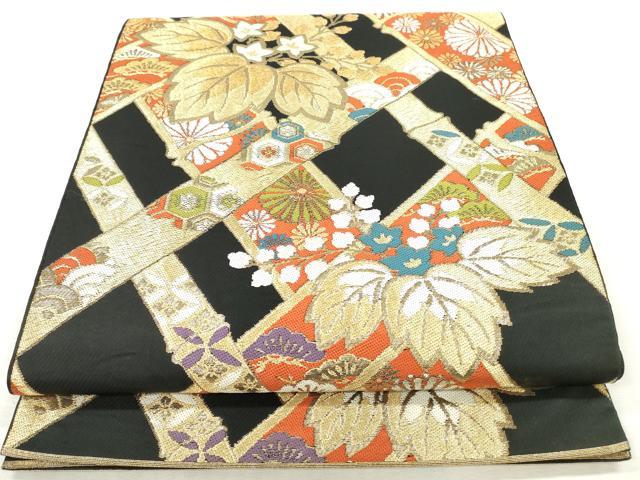 平和屋着物◎京の名門 じゅらく謹製 六通柄 本袋帯 唐織 吉祥花文 竹 黒地 金糸 DABI0355xg