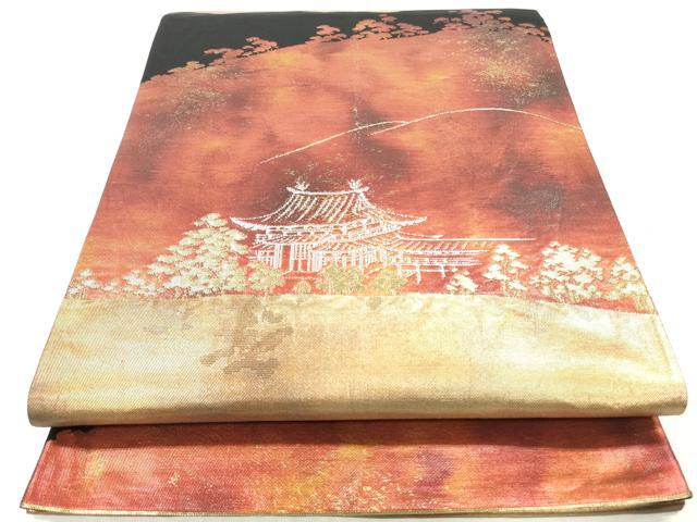 平和屋着物◎六通柄袋帯 風景文 黒地 金銀糸 引箔 正絹 逸品 DABI0367xg