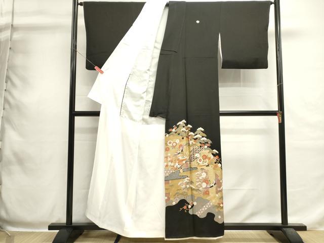 平和屋着物■豪華黒留袖 駒刺繍 飛鶴花文 金彩 正絹 逸品 DABI0537cd