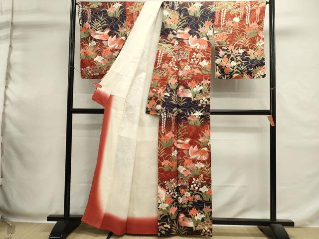 平和屋着物■上質な小紋 流水鴛鴦花文 暈し染め 金彩 正絹 逸品 DABI0552cd