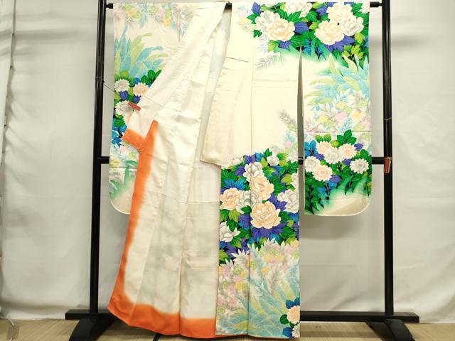 平和屋着物■豪華振袖 駒刺繍 草花文 牡丹 暈し染め 銀彩 正絹 逸品 DABI0606cd