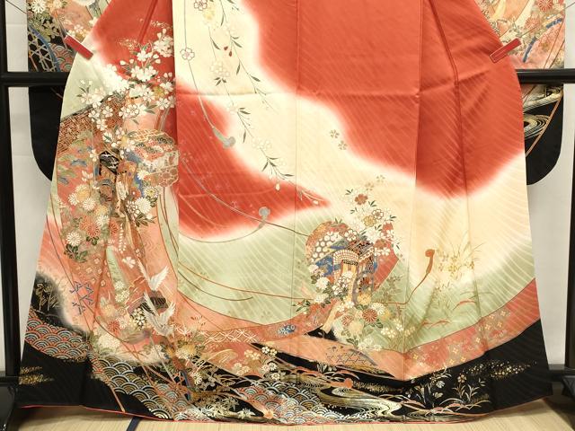 平和屋着物■豪華振袖 駒刺繍 御所車飛鶴花文 暈し染め 金銀彩 正絹 逸品 DABI0632cd