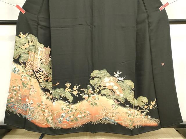 平和屋着物■豪華黒留袖 駒刺繍 御所車花文 松寿 金彩 正絹 逸品 DABI0810cd