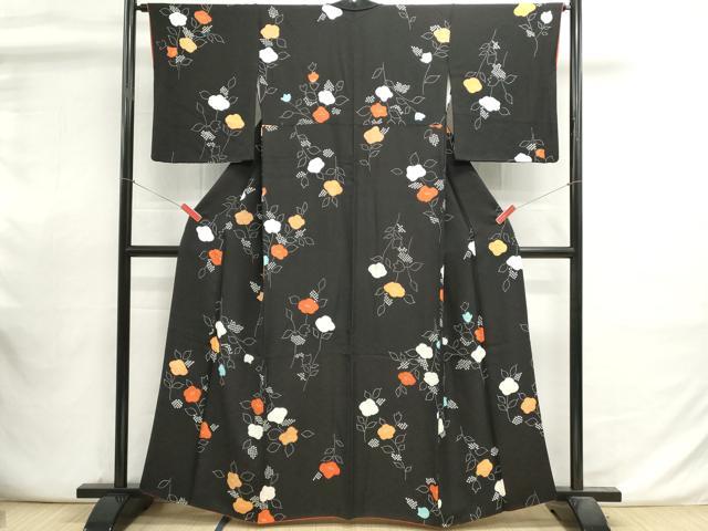 平和屋着物■上質な小紋 絞り 枝花文 黒地 正絹 逸品 DABI0822cd