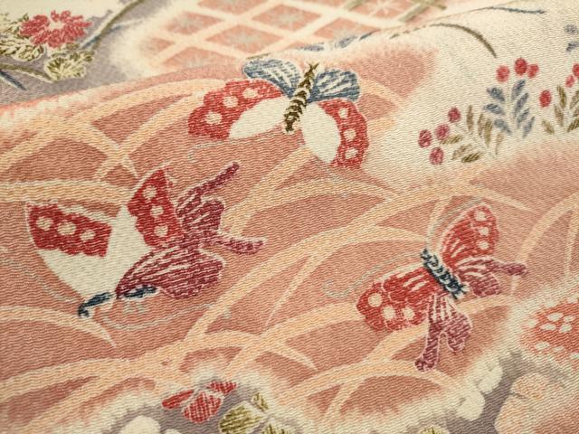 平和屋着物■上質な小紋 吉祥花蝶文 暈し染め 鬼しぼ縮緬 正絹 逸品 DABI0829cd