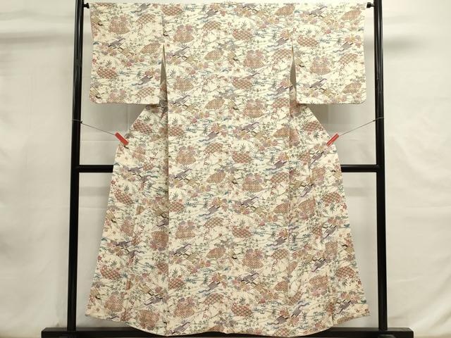 平和屋着物■上質な小紋 型染め 小舟花文 鬼しぼ縮緬 正絹 逸品 DABI0872cd