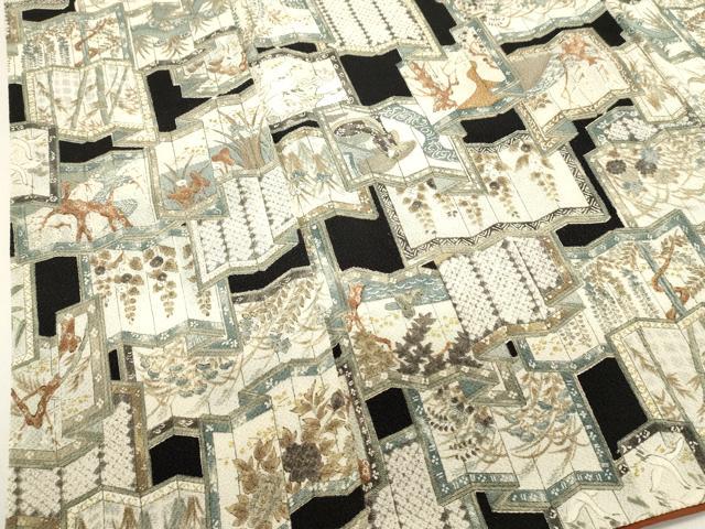 平和屋着物■上質な小紋 屏風花文 黒地 金彩 鬼しぼ縮緬 正絹 逸品 DABI0873cd