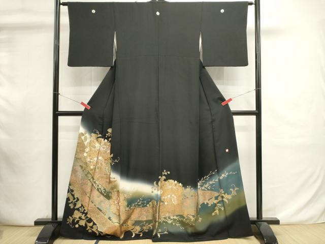 平和屋着物■豪華黒留袖 向かい鳥更紗花文 泰常 暈し染め 金彩 正絹 逸品 DABI0893cd