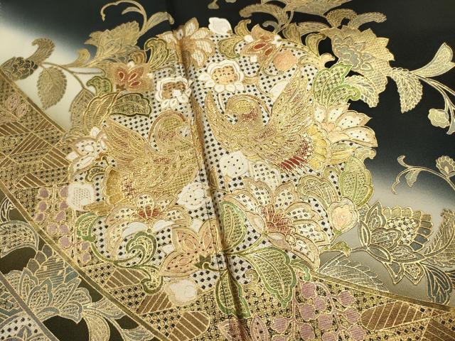 平和屋着物■豪華黒留袖 向かい鳥更紗花文 泰常 暈し染め 金彩 正絹 逸品 DABI0893cd