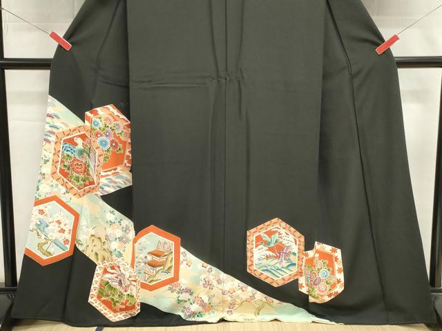 平和屋着物■豪華黒留袖 亀甲花鳥文 正絹 逸品 DABI0909cd