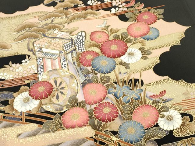 平和屋着物■豪華黒留袖 駒刺繍 御所車花文 金彩 正絹 逸品 DABI0941cd