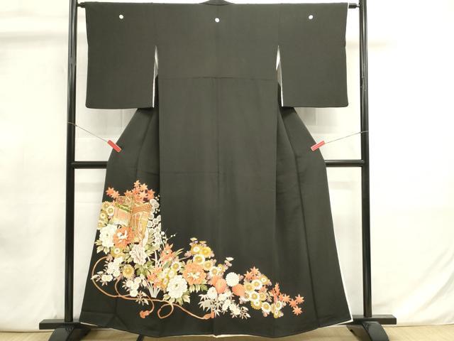 平和屋着物■豪華黒留袖 駒刺繍 御所車花文 金彩 正絹 逸品 DABI0953cd