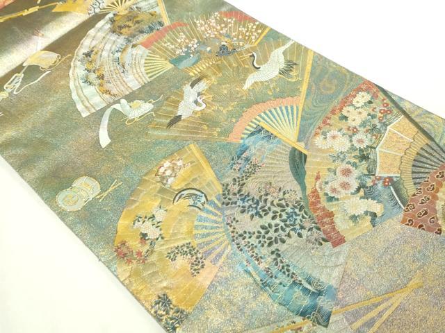 平和屋本店▼西陣あさぎ 両面 全通全景柄袋帯 徳川美術館秘蔵 能楽百扇 24金プラチナ二重箔 正絹 逸品 DABI1018sf