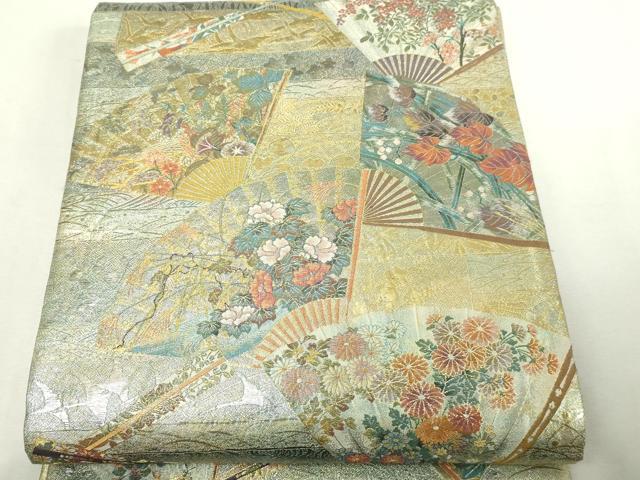 平和屋本店▼西陣 あさぎ 両面 全通全景柄袋帯 琳派三十六華扇 24金プラチナ二重箔 正絹 逸品 DABI1027sf