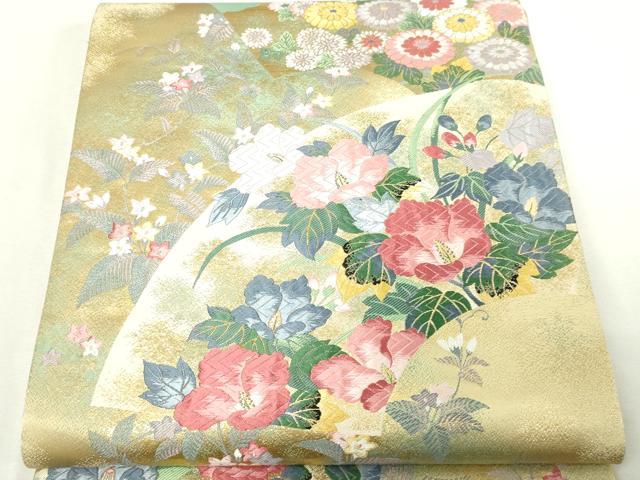 平和屋本店▼「美しいキモノ」お馴染みのメーカー となみ織物 本加賀友禅作家 毎田仁郎 六通柄袋帯 草花文 純金箔 正絹 逸品 DABI1031sf