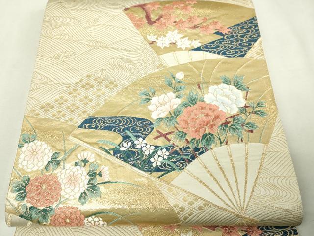 平和屋本店▼六通柄袋帯 扇面草花文 琳派純金箔24k 正絹 逸品 DABI1043sf