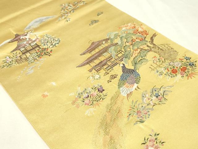 平和屋本店●六通柄袋帯 金閣錦鶏絵文 本金箔 金泥箔 短冊付き 正絹 逸品 DABI1092sf
