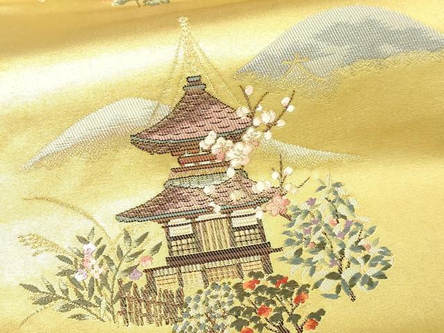 平和屋本店●六通柄袋帯 金閣錦鶏絵文 本金箔 金泥箔 短冊付き 正絹 逸品 DABI1092sf