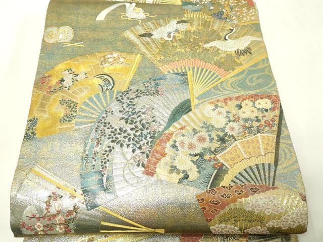 平和屋本店▼西陣 あさぎ 両面 全通全景柄袋帯 徳川美術館秘蔵 能楽百扇 24金プラチナ二重箔 正絹 逸品 DABI1098sf