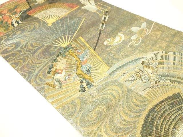 平和屋本店▼西陣 あさぎ 両面 全通全景柄袋帯 徳川美術館秘蔵 能楽百扇 24金プラチナ二重箔 正絹 逸品 DABI1098sf