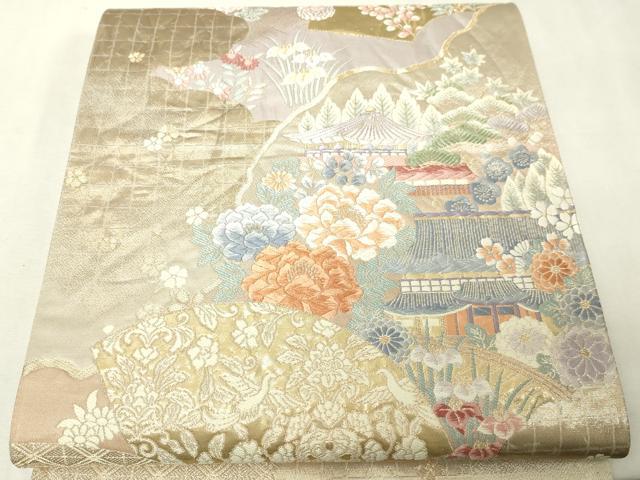 平和屋本店▼六通柄袋帯 九百錦 寿栄花扇文 二重織 本金箔 正絹 逸品 DABI1117sf