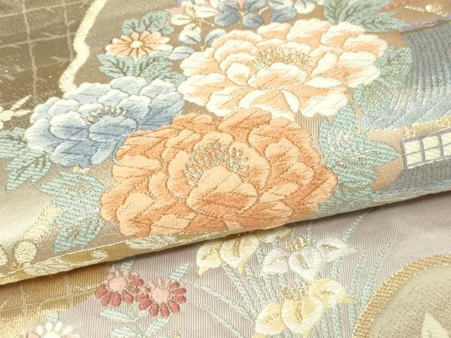 平和屋本店▼六通柄袋帯 九百錦 寿栄花扇文 二重織 本金箔 正絹 逸品 DABI1117sf