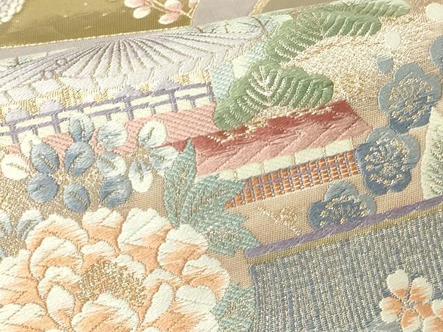 平和屋本店▼六通柄袋帯 九百錦 寿栄花扇文 二重織 本金箔 正絹 逸品 DABI1117sf