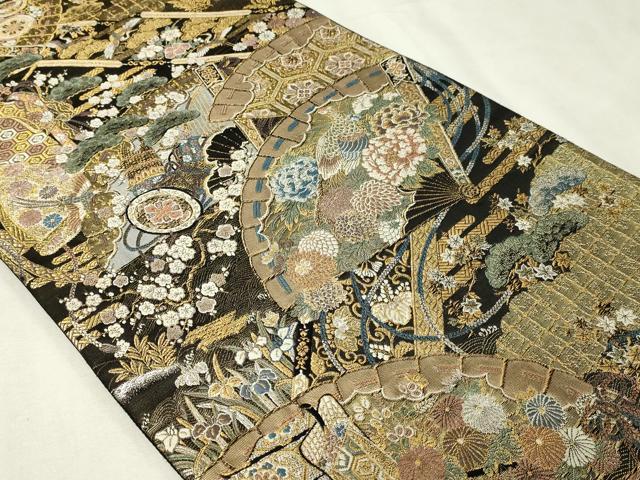 平和屋本店▼六通柄袋帯 檜扇花鳥文 本金壱千弐百錦 正絹 逸品 DABI1133sf