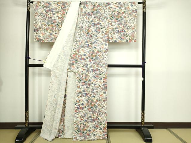 平和屋着物▽上質な小紋 単衣 型染め 風景草花文 正絹 逸品 DABI1145sf