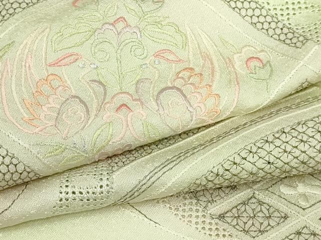 平和屋着物▽中国三大刺繍 汕頭刺繍 スワトウ刺繍 総刺繍 訪問着 単衣 尾長鳥花文 正絹 逸品 DABI1158sf