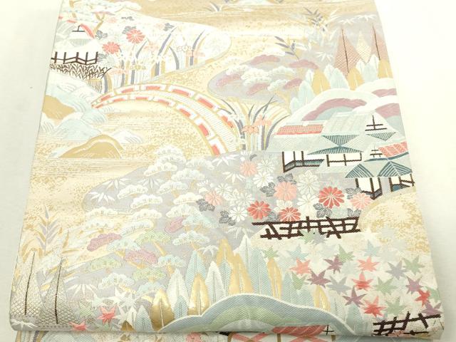 平和屋本店▼六通柄袋帯 風景草花文 九百金 純金箔24K 正絹 逸品 DABI1188sf