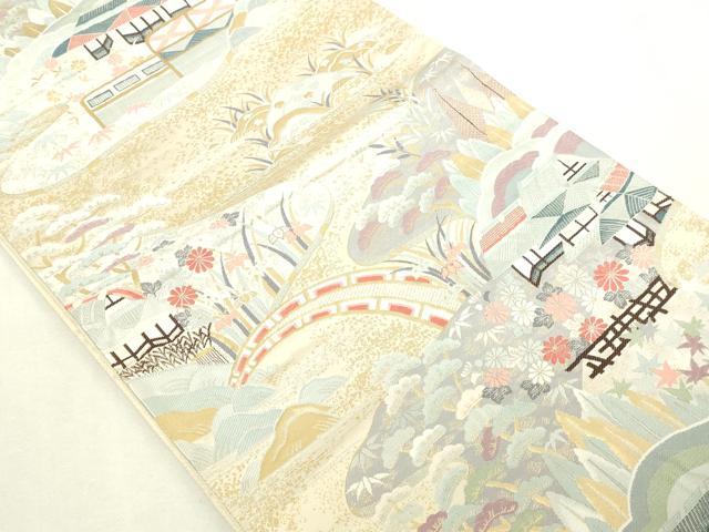 平和屋本店▼六通柄袋帯 風景草花文 九百金 純金箔24K 正絹 逸品 DABI1188sf