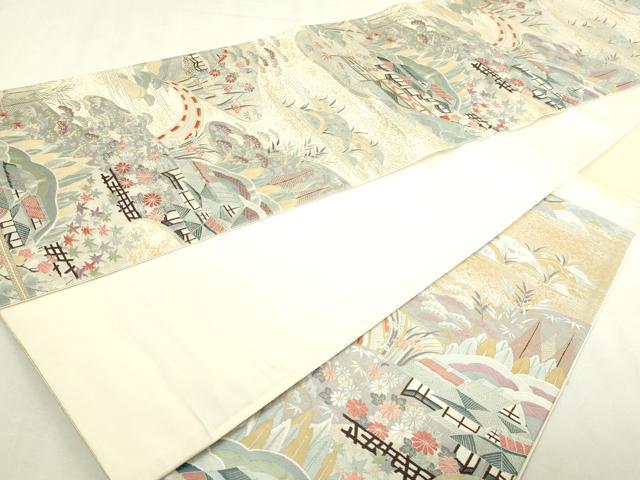 平和屋本店▼六通柄袋帯 風景草花文 九百金 純金箔24K 正絹 逸品 DABI1188sf