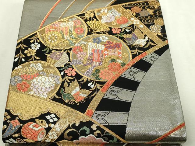 平和屋本店▼六通柄袋帯 御所車花蝶文 弐捨四金二重織 黒地 正絹 逸品 DABI1192sf