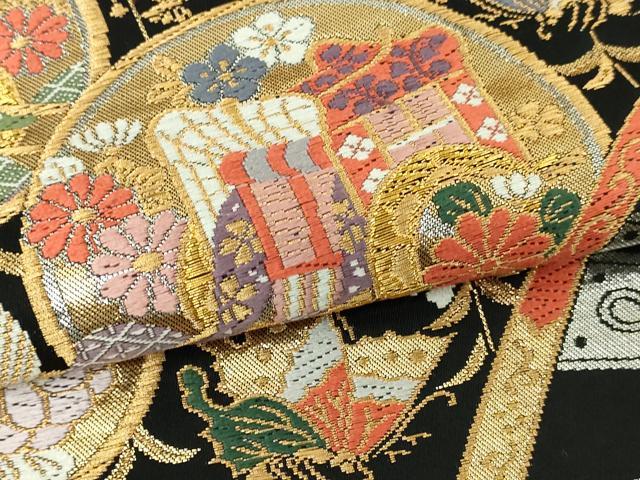 平和屋本店▼六通柄袋帯 御所車花蝶文 弐捨四金二重織 黒地 正絹 逸品 DABI1192sf