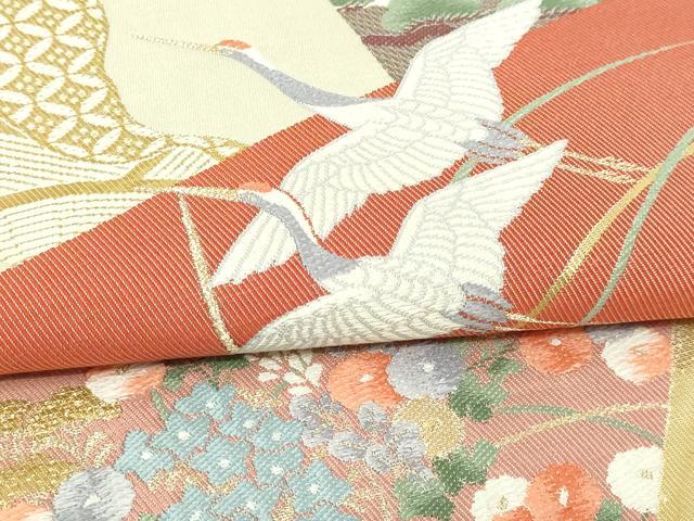 平和屋本店▼六通柄袋帯 九百錦 色紙飛鶴花文 純金箔 正絹 逸品 DABI1194sf