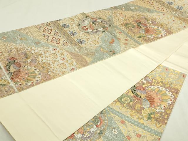 平和屋本店▼六通柄袋帯 菱取孔雀文 九百本金弐重織 正絹 逸品 DABI1195sf