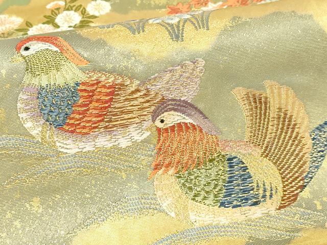 平和屋本店●太鼓柄袋帯 山荘鴛鴦絵文 本金箔 金泥箔 正絹 逸品 DABI1223sf